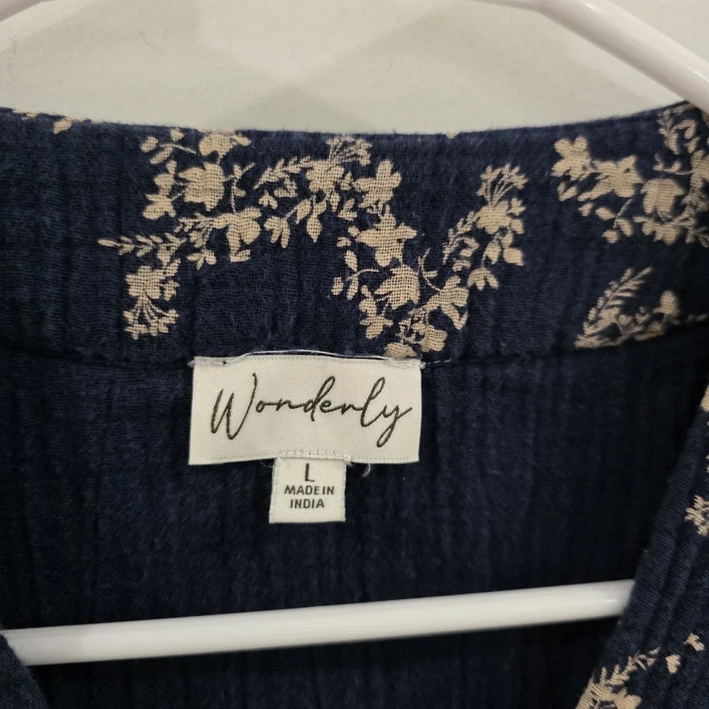 Wonderly Womens Floral Gauze‎ Shirt Dress Size Large Blue Cottage Coastal Euro